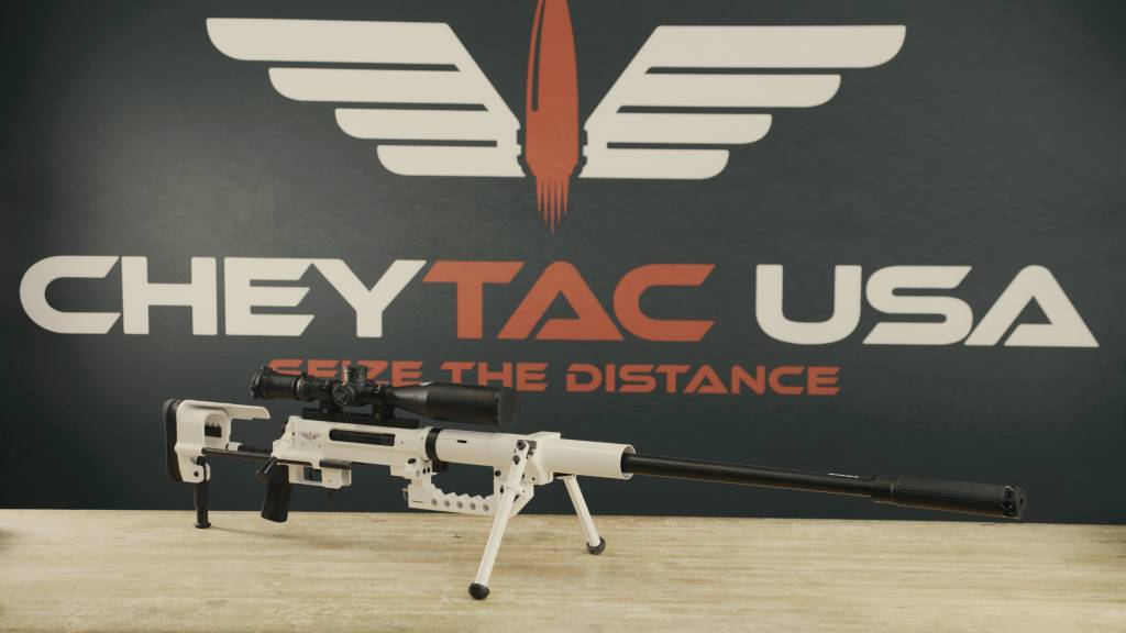 The M200 Intervention sniper rifle on display in front of the cheytac logo.