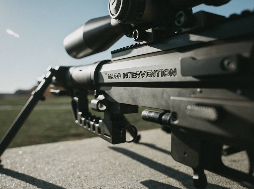 Close up shot of the side of the sniper rifle called the Intervention
