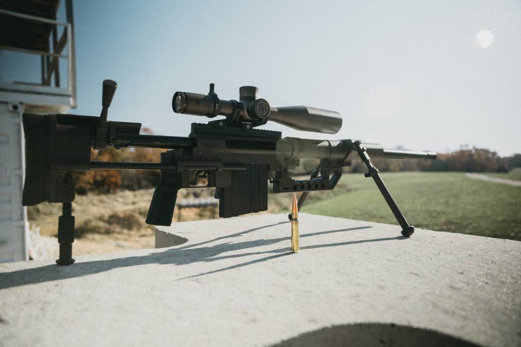 I side view photo of the cheytac intervention sniper rifle setup at the shooting range